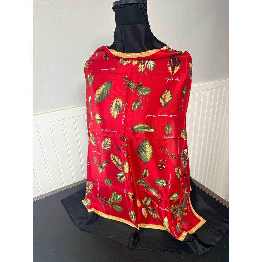 Liz Claiborne Red Silk Botanical Leaf Print Square Scarf 30x30 Vintage Style